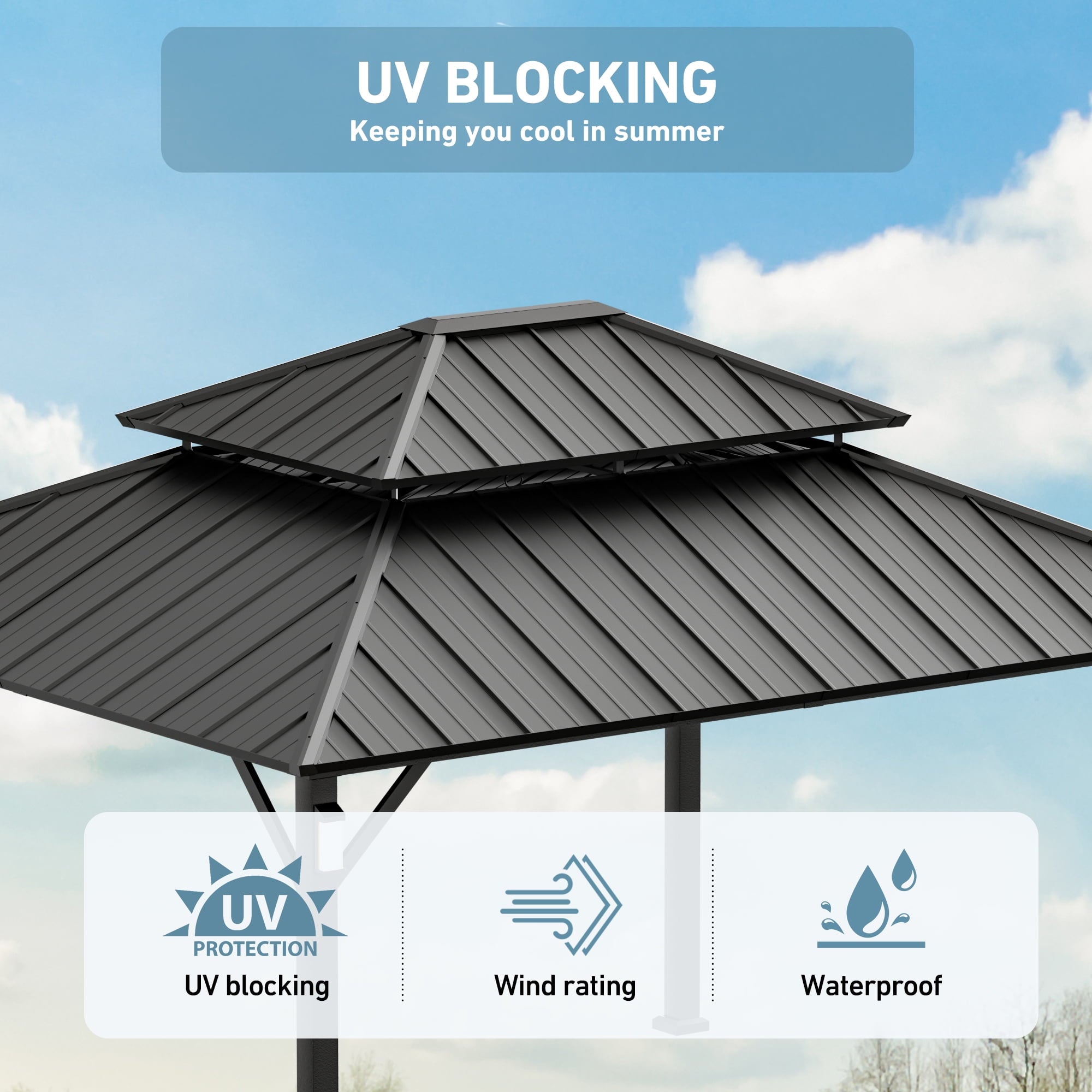 FONA 12'x14' Permanent Hardtop Gazebo with LED Lights,Netting & Hooks,Black