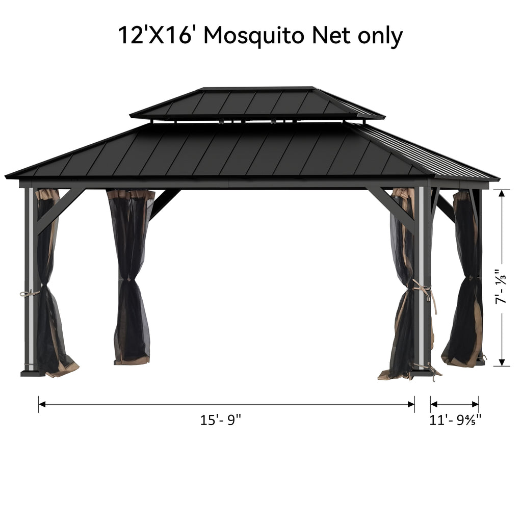 Covered Outdoor Gazebo Mosquito Netting Replacement Universal 4-Panel Sidewalls 12' x 16', Outdoor Gazebo Mosquito Nettings with Double Zipper (Mosquito Net Only)