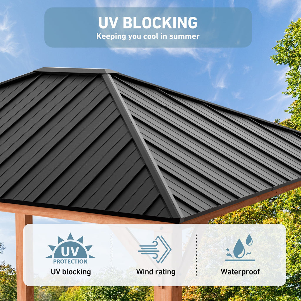 FONA 12'x14' Wood Gazebo with Galvanized Steel&Polycarbonate Hip Roof,Cedar Framed for Garden,Backyard