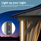 FONA 12'x14' Aluminum Hardtop Gazebo with LED Lights,Netting,Curtains & USB Port,Black