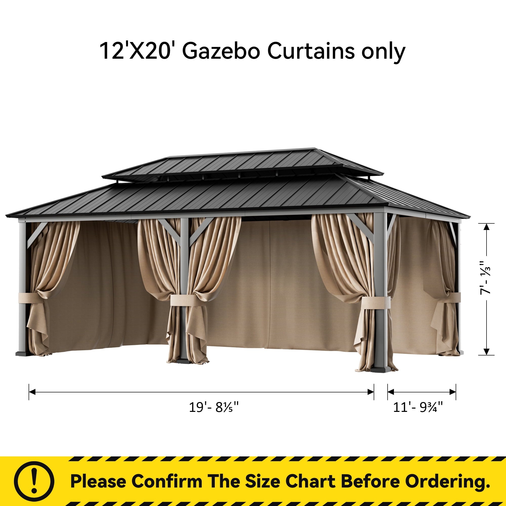 Covered Outdoor Universal 12‘x20’ Gazebo Curtain Replacement with 4 Panel Zippered Grey Sidewalls