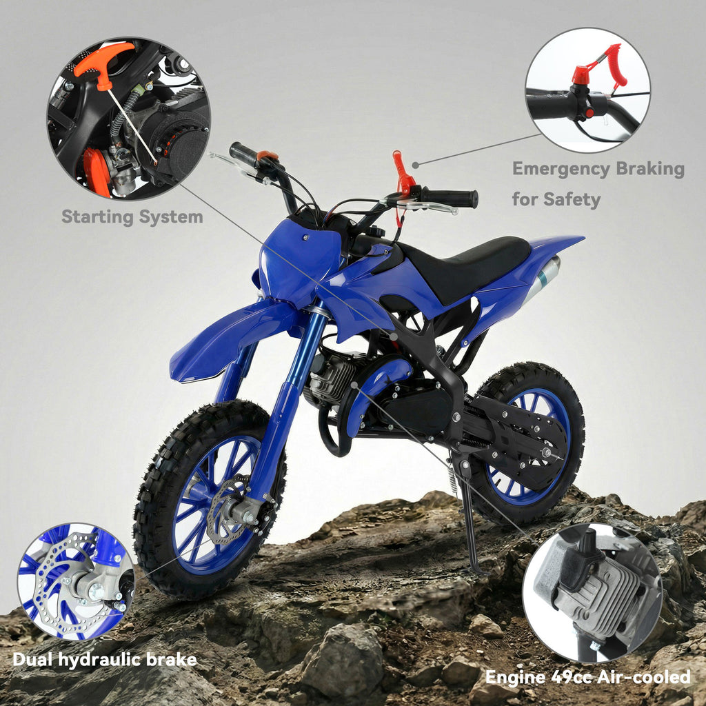 FONA 49cc 2-Stroke Dirt Bike for Kids 8-12, 25mph Mini Motorcycle with Dual Disc Brakes, Multi Terrain Tires, Suspension & Soft Seat Blue