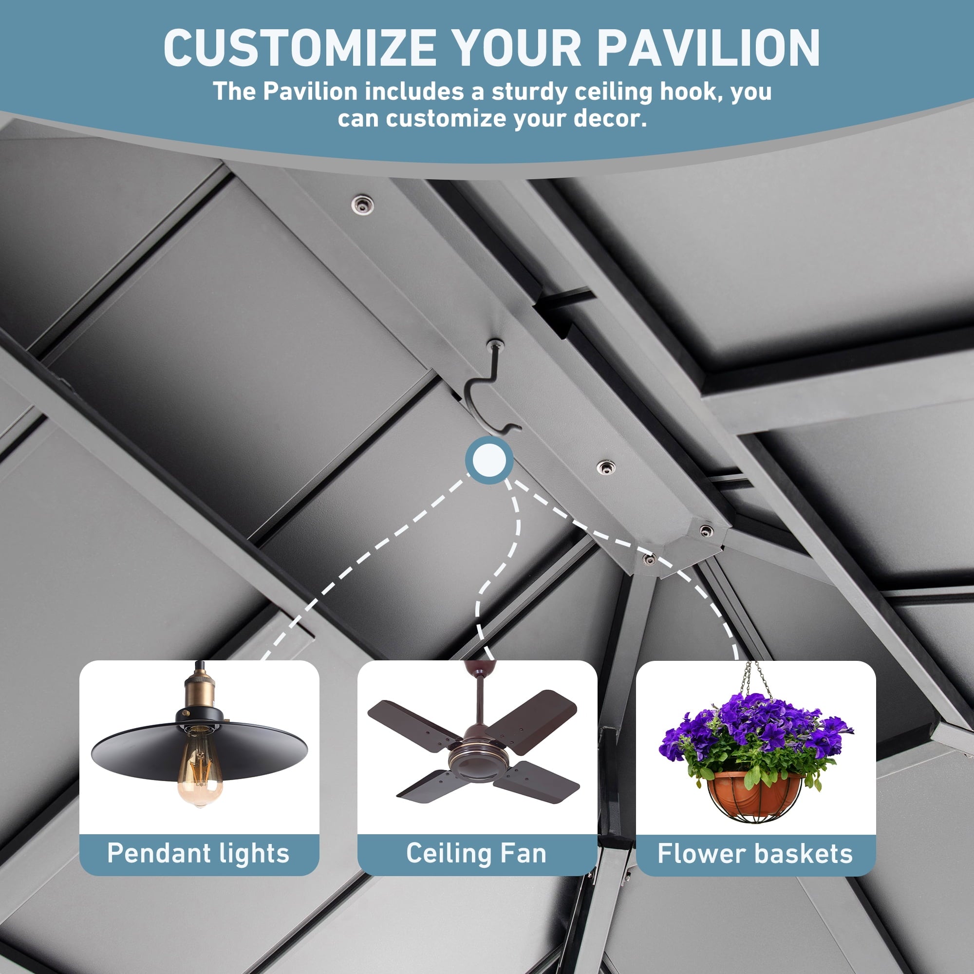 FONA 10'x12' Hardtop Gazebo with LED Lights,Double Roof,USB Port,Netting & Curtains for Patio,Black