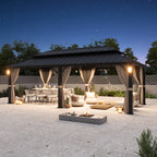Modern Shade Hardtop Gazebo 12' x 24' with 4 LED Lights, Permanent Gazebo with Double Galvanized Steel Roof for Outdoor Backyard, Black