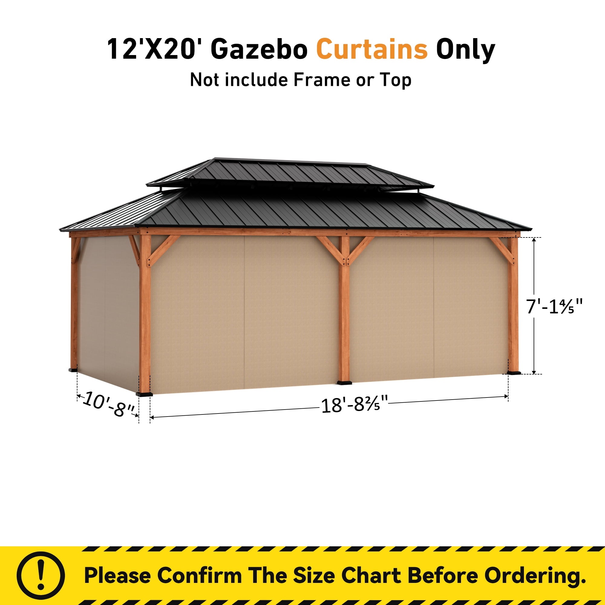 Modern Shade 12x20ft Cedar Gazebo Privacy Curtains & Zippered Mosquito Netting, Universal 4-Panel Khaki Sidewalls for Patio Canopy Replacement