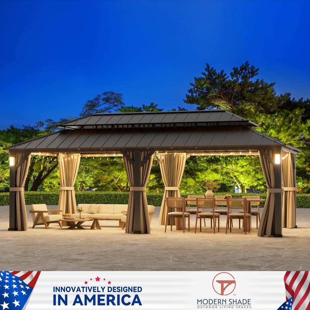 Modern Shade 12'x24' Steel Hardtop Gazebo with Galvanized Double Roof & 4 LEDs Weatherproof Pavilion with Mosquito Netting, Curtains Hooks Black
