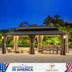 Modern Shade 12'x24' Steel Hardtop Gazebo with Galvanized Double Roof & 4 LEDs Weatherproof Pavilion with Mosquito Netting, Curtains Hooks Black