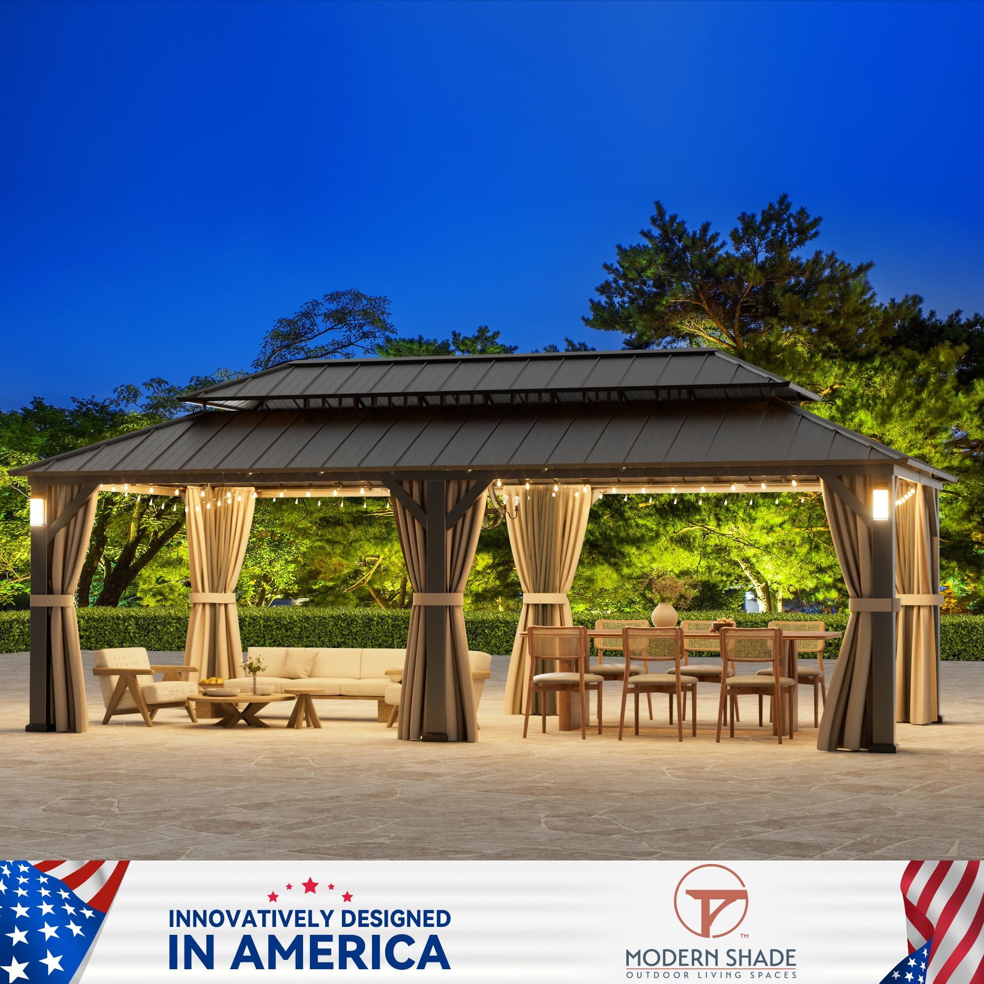 Modern Shade 12'x24' Steel Hardtop Gazebo with Galvanized Double Roof & 4 LEDs Weatherproof Pavilion with Mosquito Netting, Curtains Hooks Black
