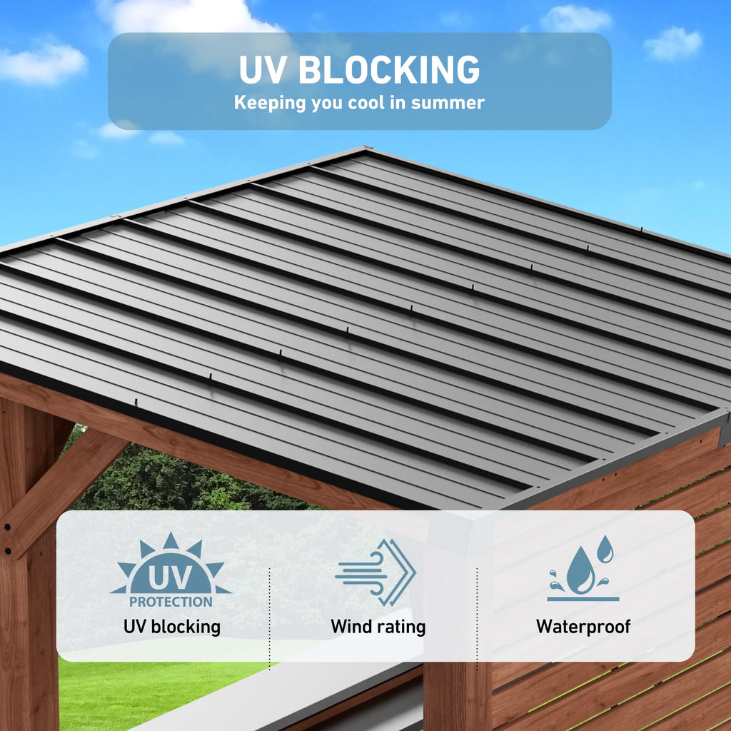 FONA 6.5'x8' Cedar Wood Bar&Grill Gazebo with Shelves,TV Mount,Hardtop Steel Roof,Power Strip
