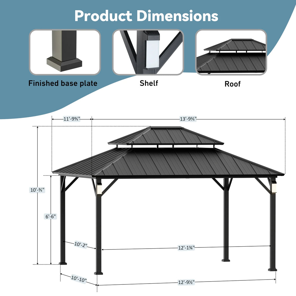 Modern Shade Hardtop Gazebo 12' x 14' with 4 LED Lights, Permanent Gazebo with Double Galvanized Steel Roof for Outdoor Backyard, Brown