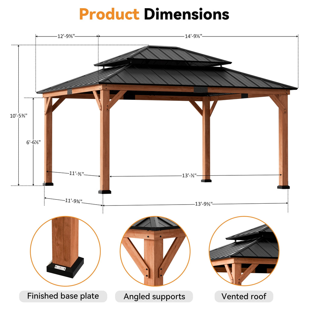 FONA 13'x15' Rosewood Cedar Grill Gazebo,Double Steel Roof,Mosquito Netting&Curtains for Backyard