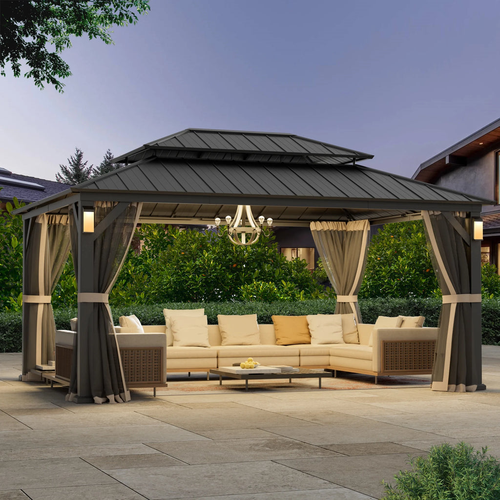 Modern Shade Hardtop Gazebo 12' x 16' with 4 LED Lights, Permanent Gazebo with Double Galvanized Steel Roof for Outdoor Backyard, Brown