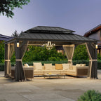 Modern Shade Hardtop Gazebo 12' x 16' with 4 LED Lights, Permanent Gazebo with Double Galvanized Steel Roof for Outdoor Backyard, Brown