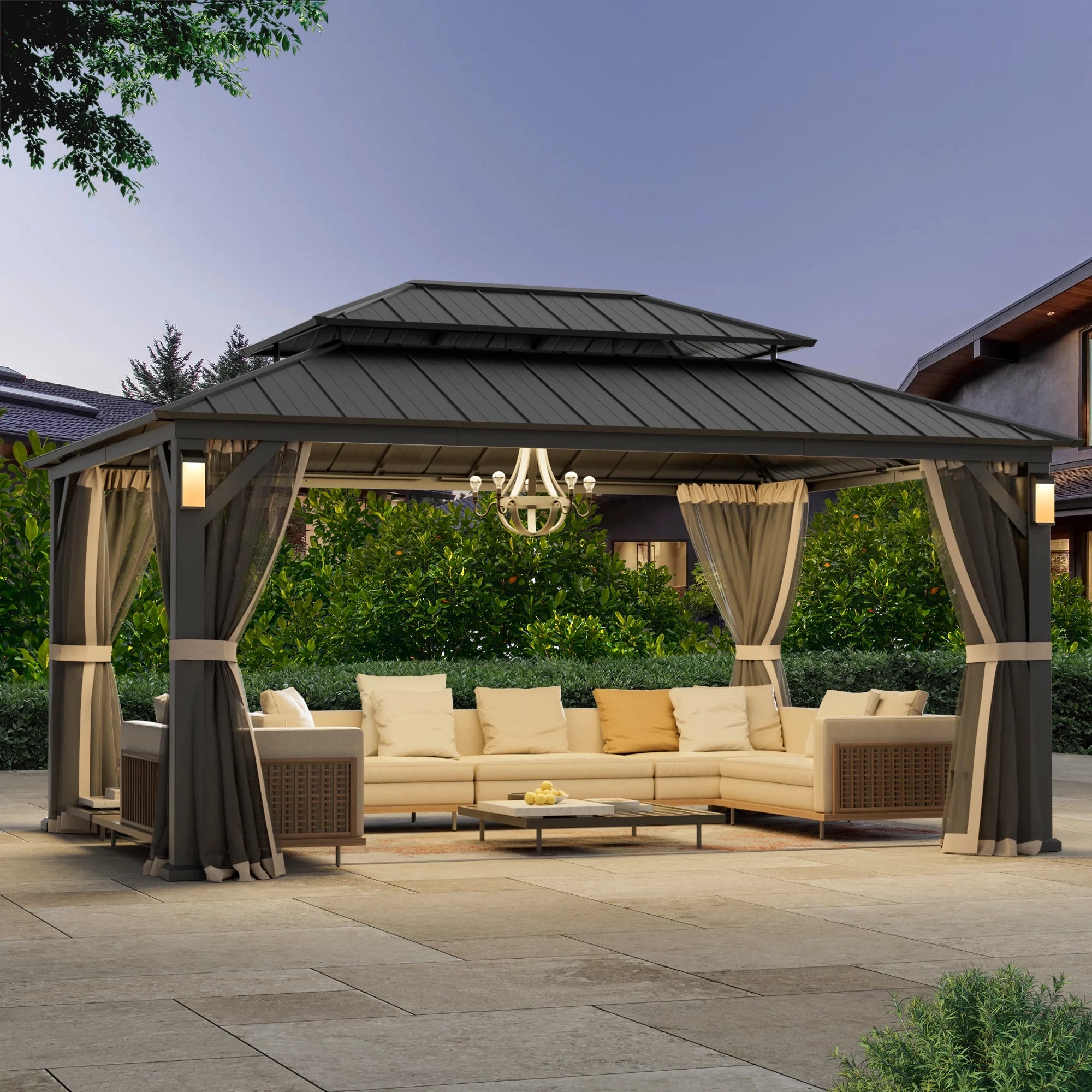 Modern Shade Hardtop Gazebo 12' x 16' with 4 LED Lights, Permanent Gazebo with Double Galvanized Steel Roof for Outdoor Backyard, Brown