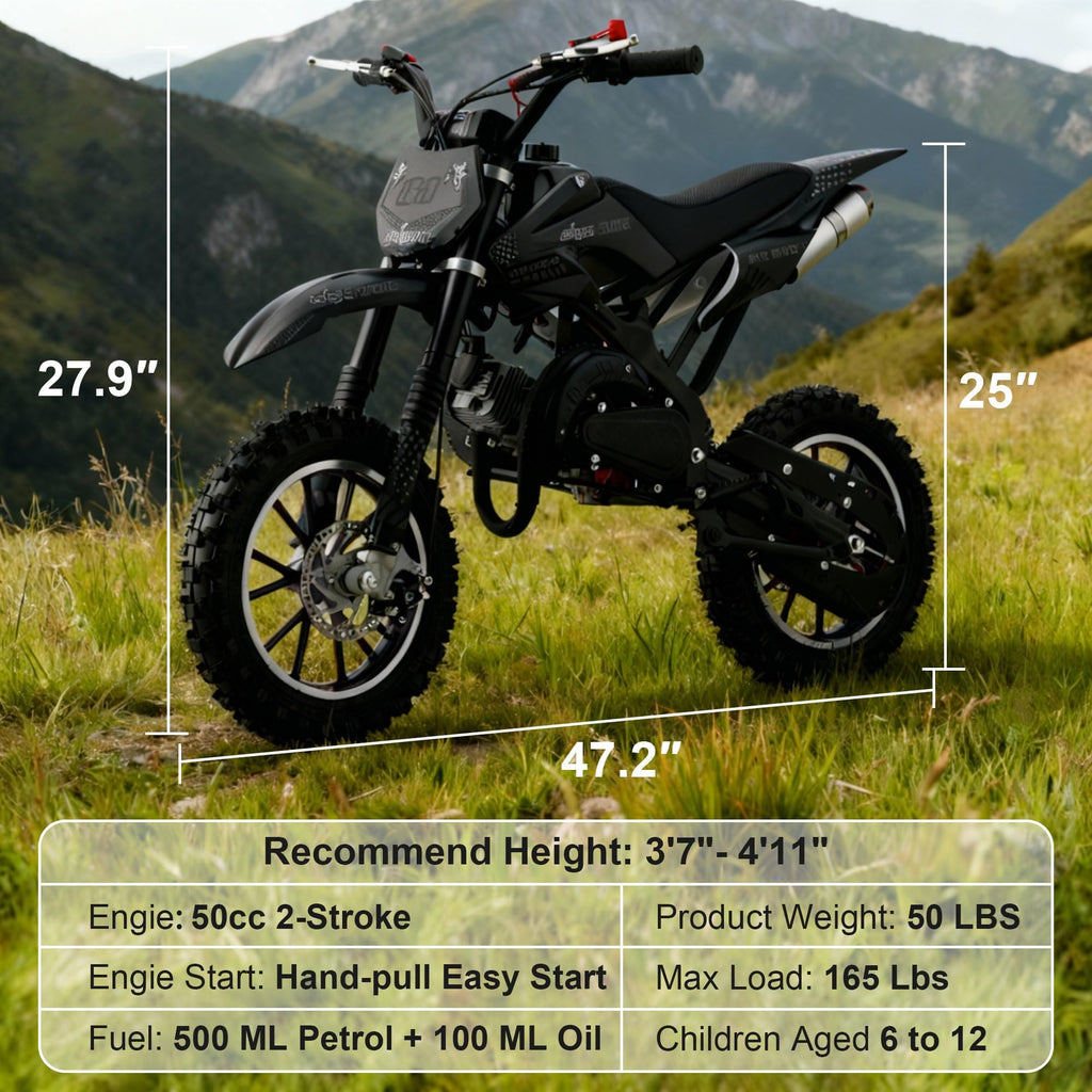 FONA 49cc 2-Stroke Dirt Bike for Kids 8-12, 25mph Mini Motorcycle with Dual Disc Brakes, off-Road Tires, Suspension & Soft Seat Black