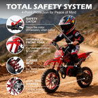 FONA 49cc 2-Stroke Dirt Bike for Kids 8-12, 25mph Mini Motorcycle with Dual Disc Brakes, off-Road Tires, Suspension & Soft Seat Red