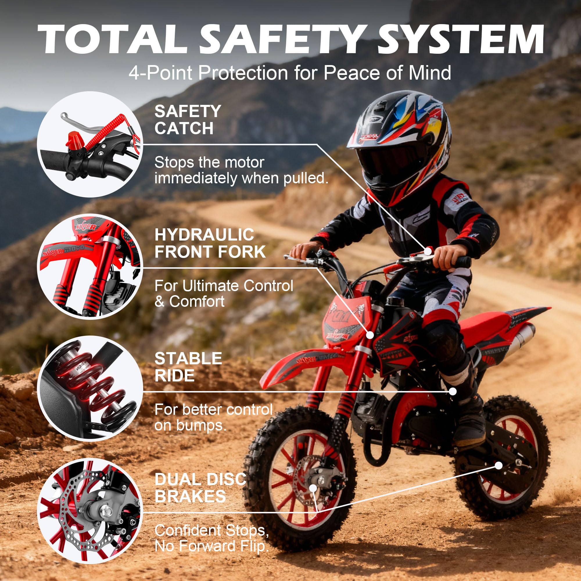 FONA 49cc 2-Stroke Dirt Bike for Kids 8-12, 25mph Mini Motorcycle with Dual Disc Brakes, off-Road Tires, Suspension & Soft Seat Red