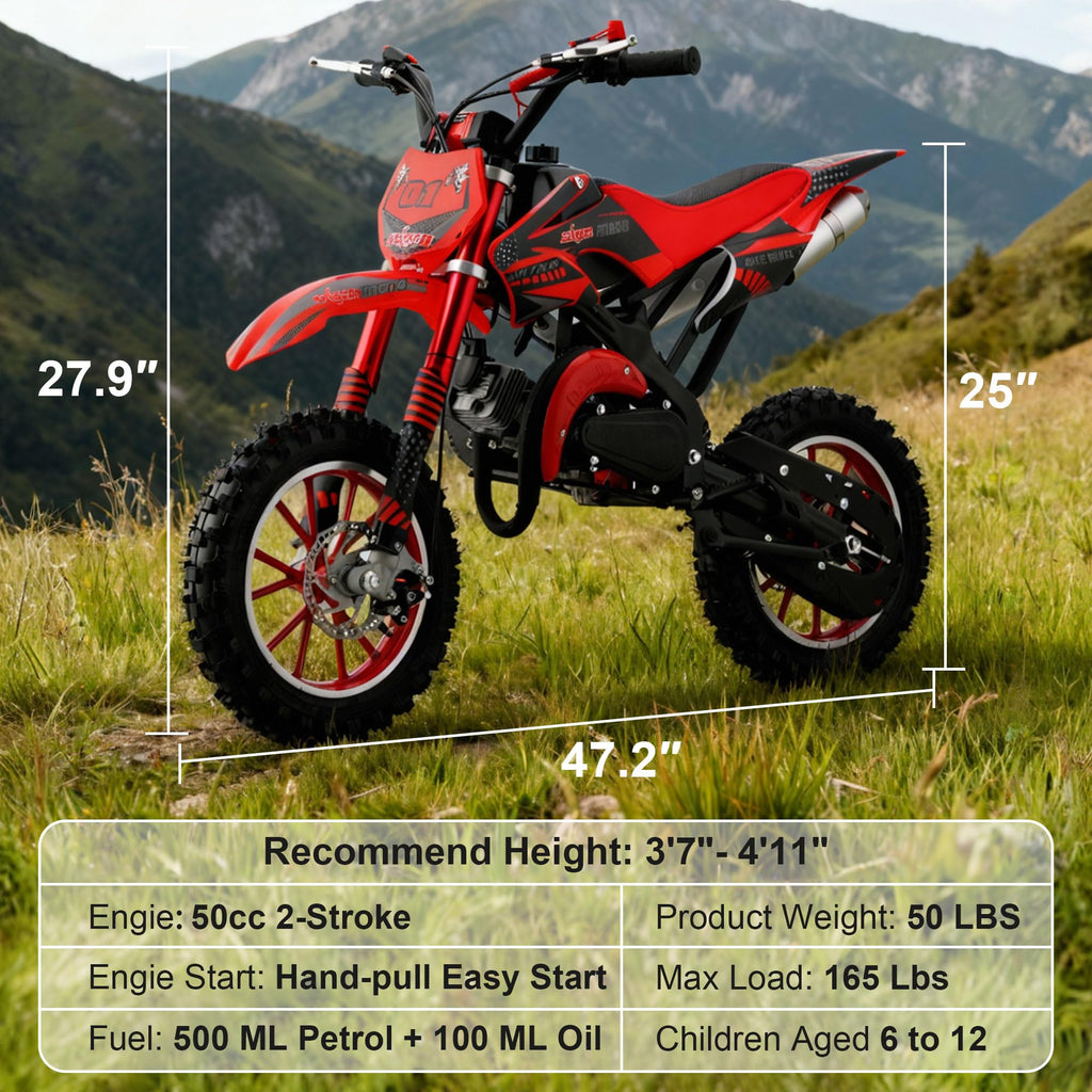 FONA 49cc 2-Stroke Dirt Bike for Kids 8-12, 25mph Mini Motorcycle with Dual Disc Brakes, off-Road Tires, Suspension & Soft Seat Red