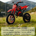 FONA 49cc 2-Stroke Dirt Bike for Kids 8-12, 25mph Mini Motorcycle with Dual Disc Brakes, off-Road Tires, Suspension & Soft Seat Red