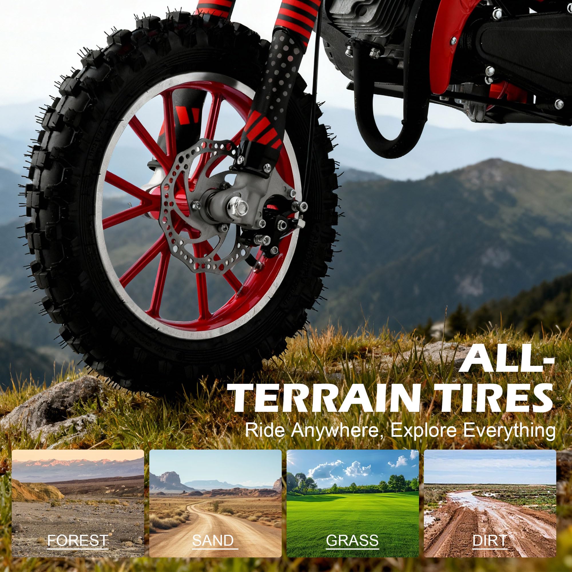 FONA 49cc 2-Stroke Dirt Bike for Kids 8-12, 25mph Mini Motorcycle with Dual Disc Brakes, off-Road Tires, Suspension & Soft Seat Red