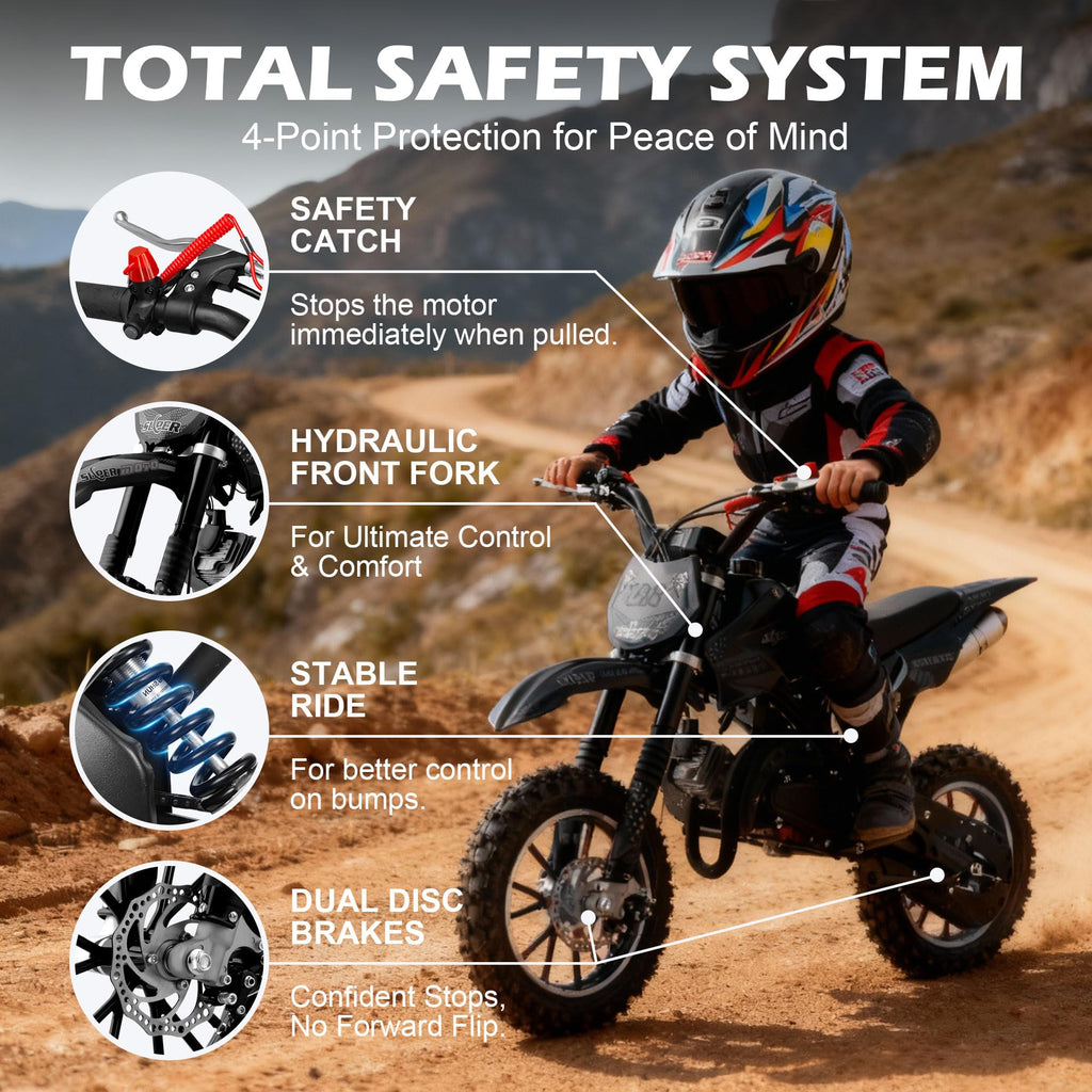 FONA 49cc 2-Stroke Dirt Bike for Kids 8-12, 25mph Mini Motorcycle with Dual Disc Brakes, off-Road Tires, Suspension & Soft Seat Black