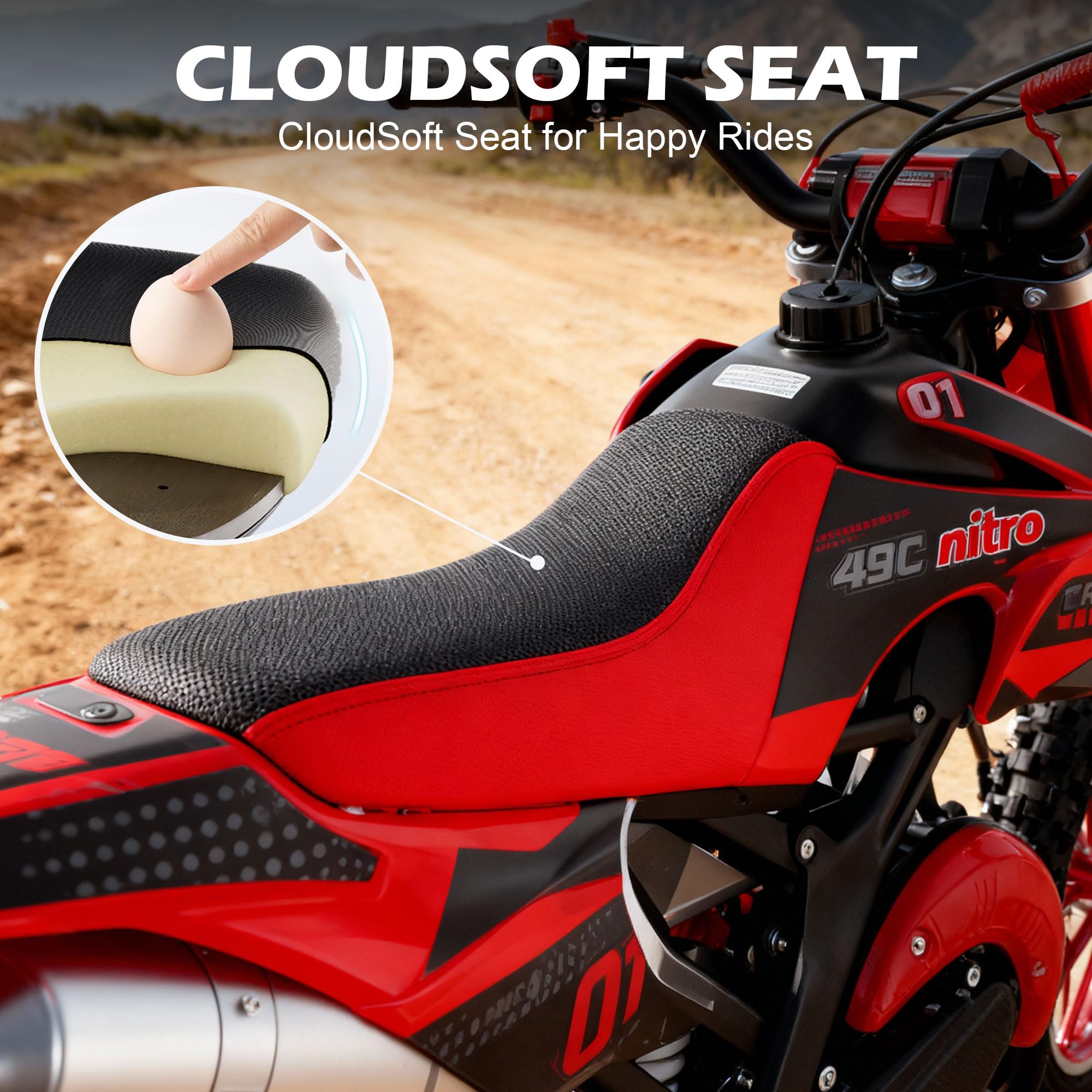 FONA 49cc 2-Stroke Dirt Bike for Kids 8-12, 25mph Mini Motorcycle with Dual Disc Brakes, off-Road Tires, Suspension & Soft Seat Red