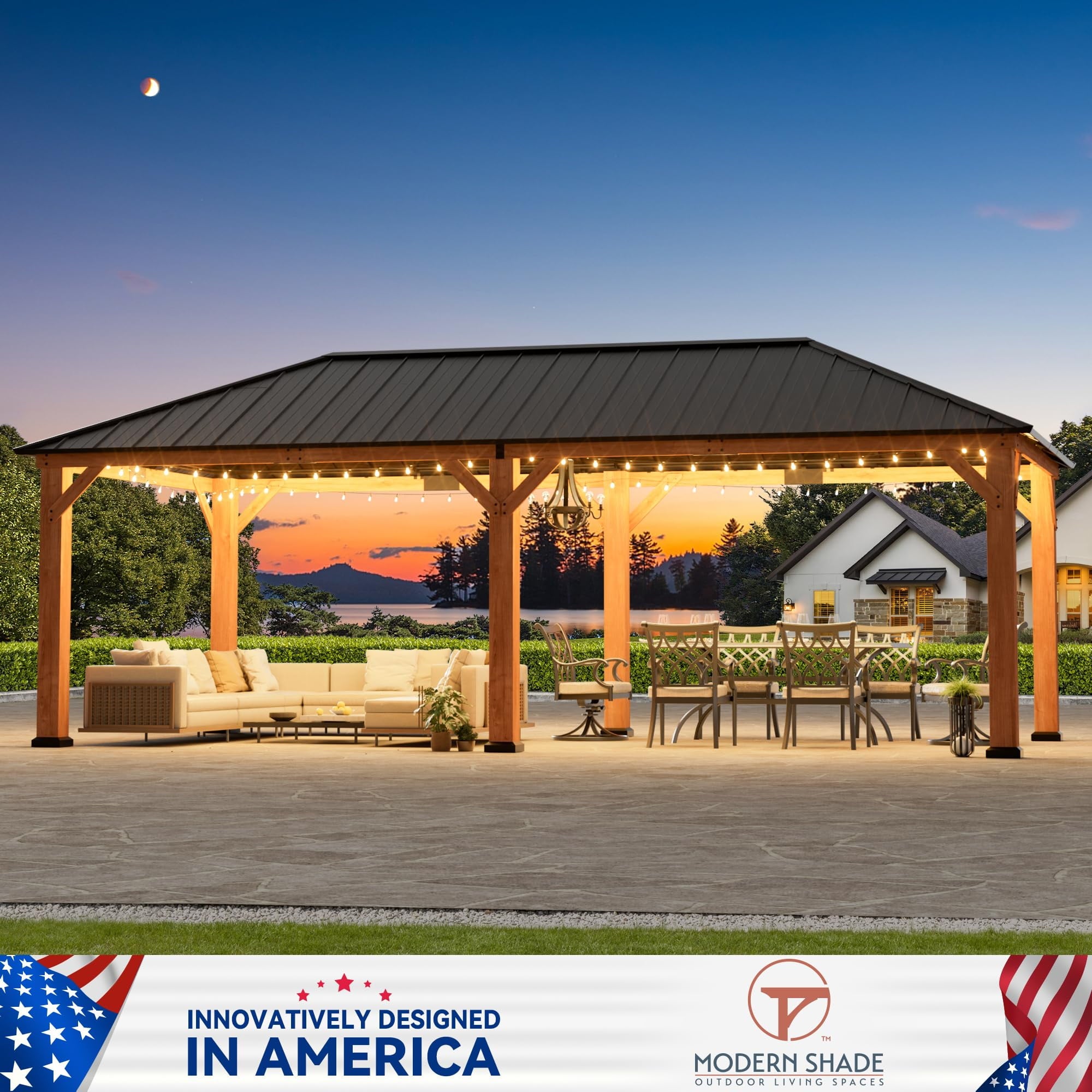 Modern Shade 12’x24‘ Cedar Grill Gazebo with Steel Hardtop Roof for Backyard & Garden Brown