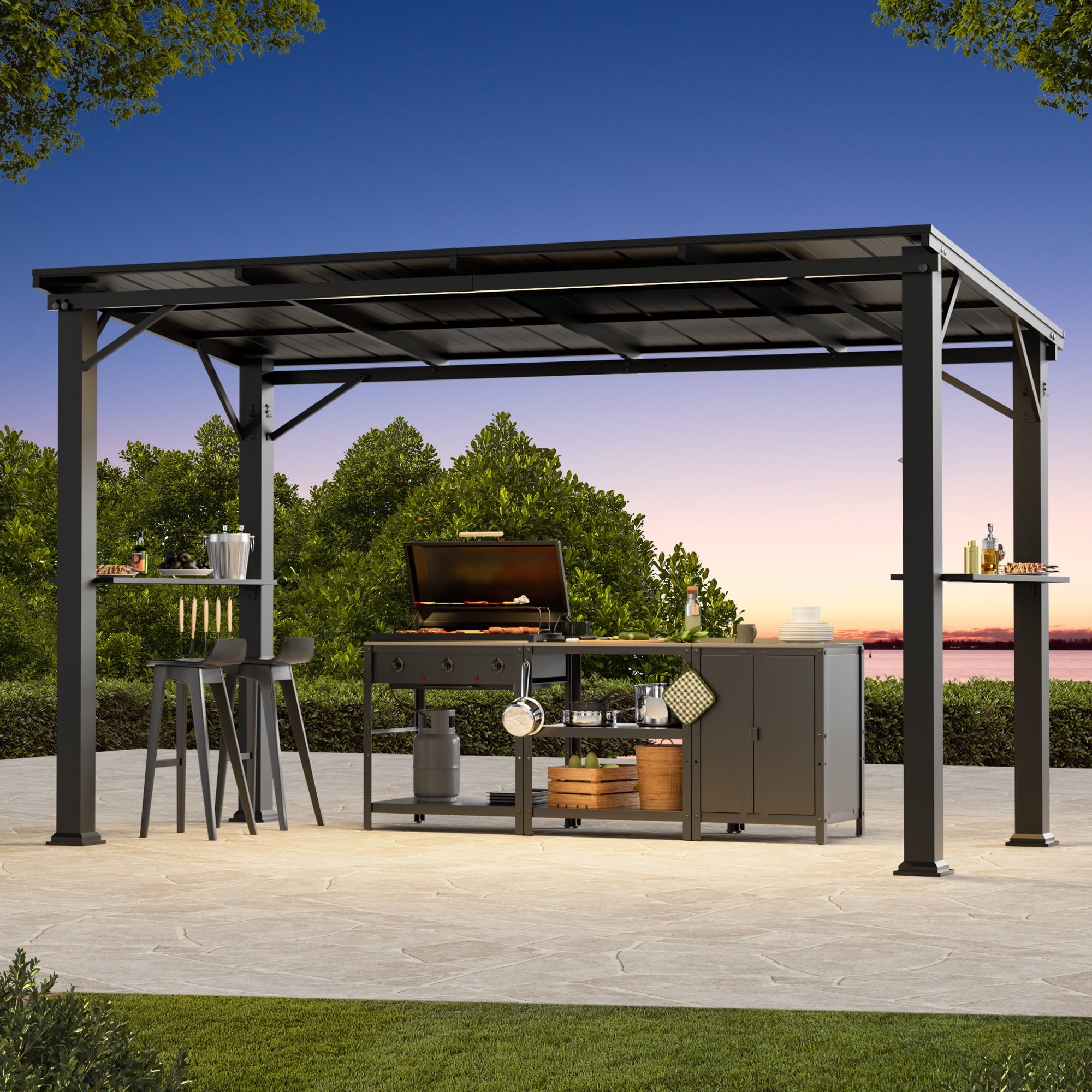 FONA 6'x12' Hardtop Grill Gazebo with Side Shelf, Bottle Opener & Hooks, Rustproof for Backyard, Garden, Patio, Black