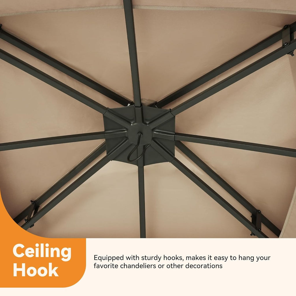 FONA Patio Gazebo 11'x13' with LED Lights & Bluetooth Speaker, Heavy Duty Outdoor Canopy Shelter with Metal Frame, Double Roofs, Soft-top Gazebo with Netting and Curtains for Backyard