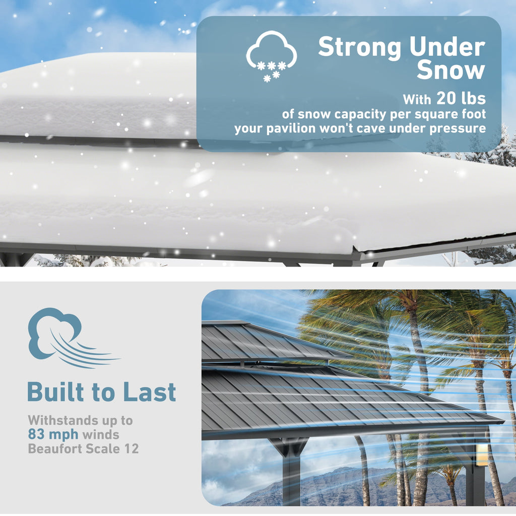 FONA 12'x16' Permanent Hardtop Gazebo with LED Lights,Double Roof,Mosquito Netting & Hooks,Black