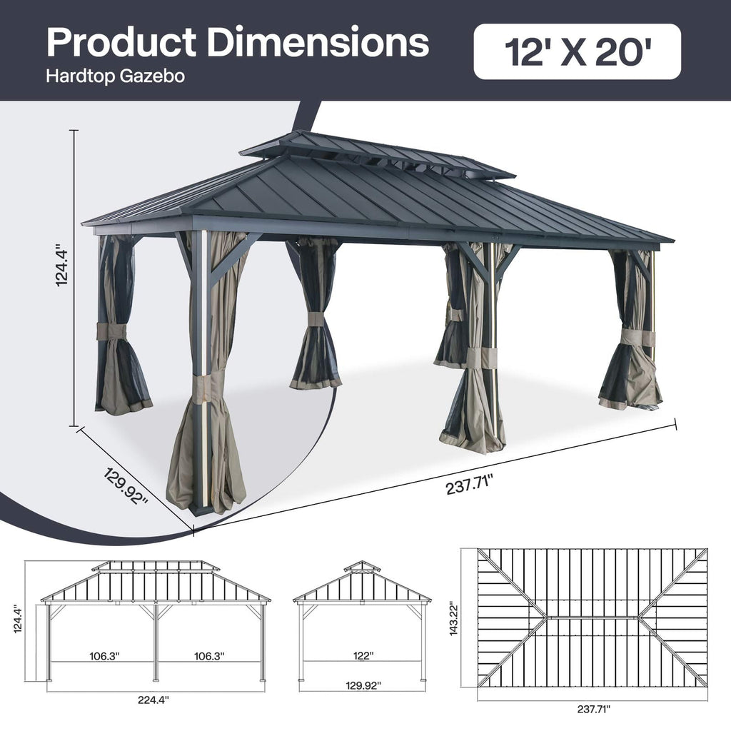 Modern Shade 12' x 20' Metal Hardtop Gazebo with Double Roof, 6 LED Lights, USB Ports, Curtains & Netting