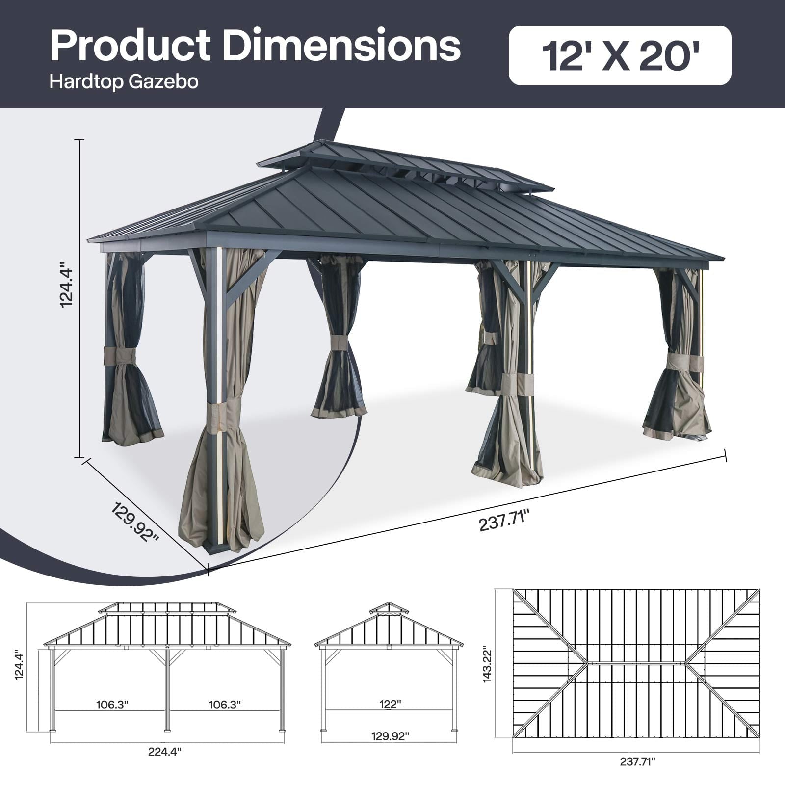 Modern Shade 12' x 20' Metal Hardtop Gazebo with Double Roof, 6 LED Lights, USB Ports, Curtains & Netting