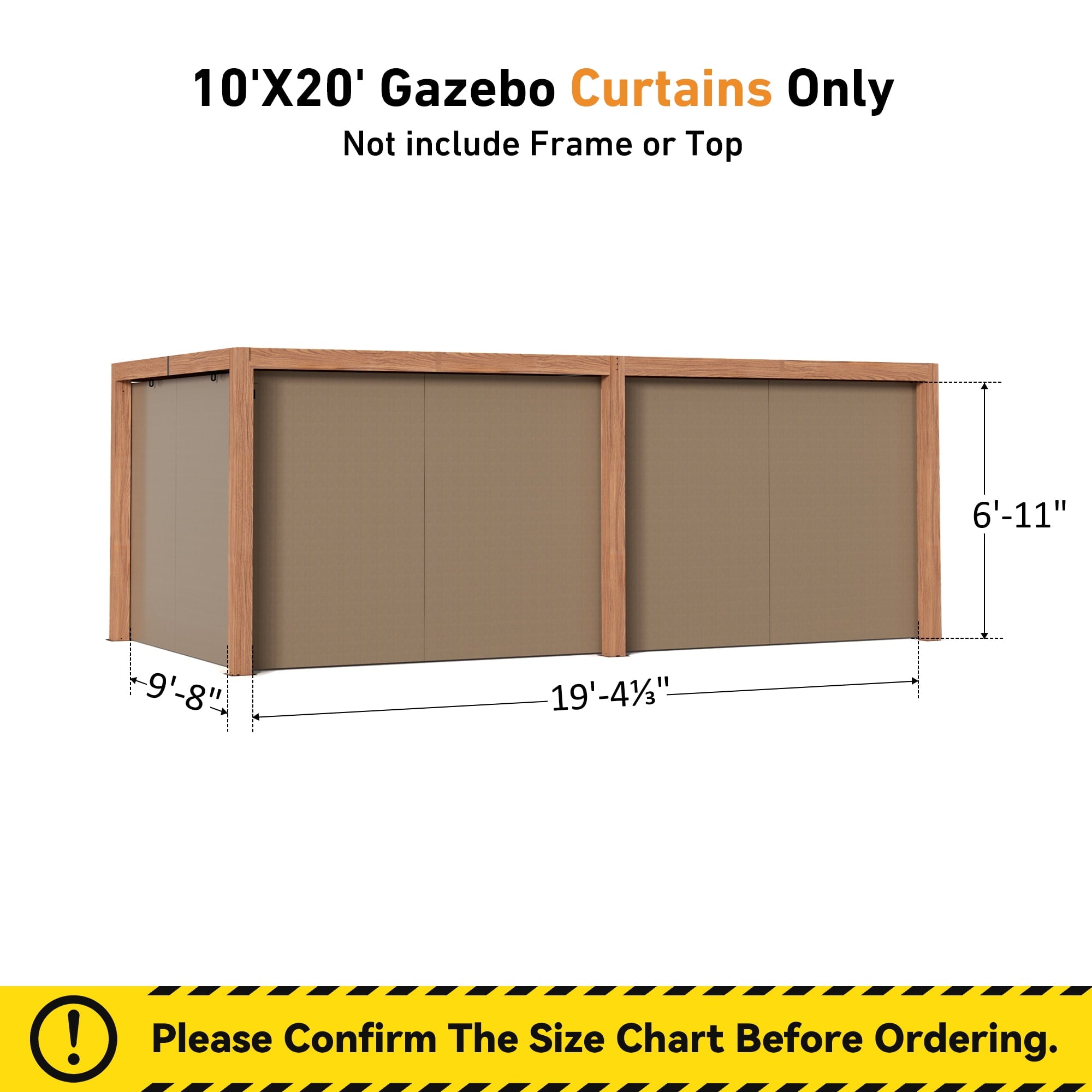 Modern Shade 10‘x12’ Pergola Privacy Curtains and Zippered Mosquito Netting Universal 6-Panel Replacement Sidewalls Khaki
