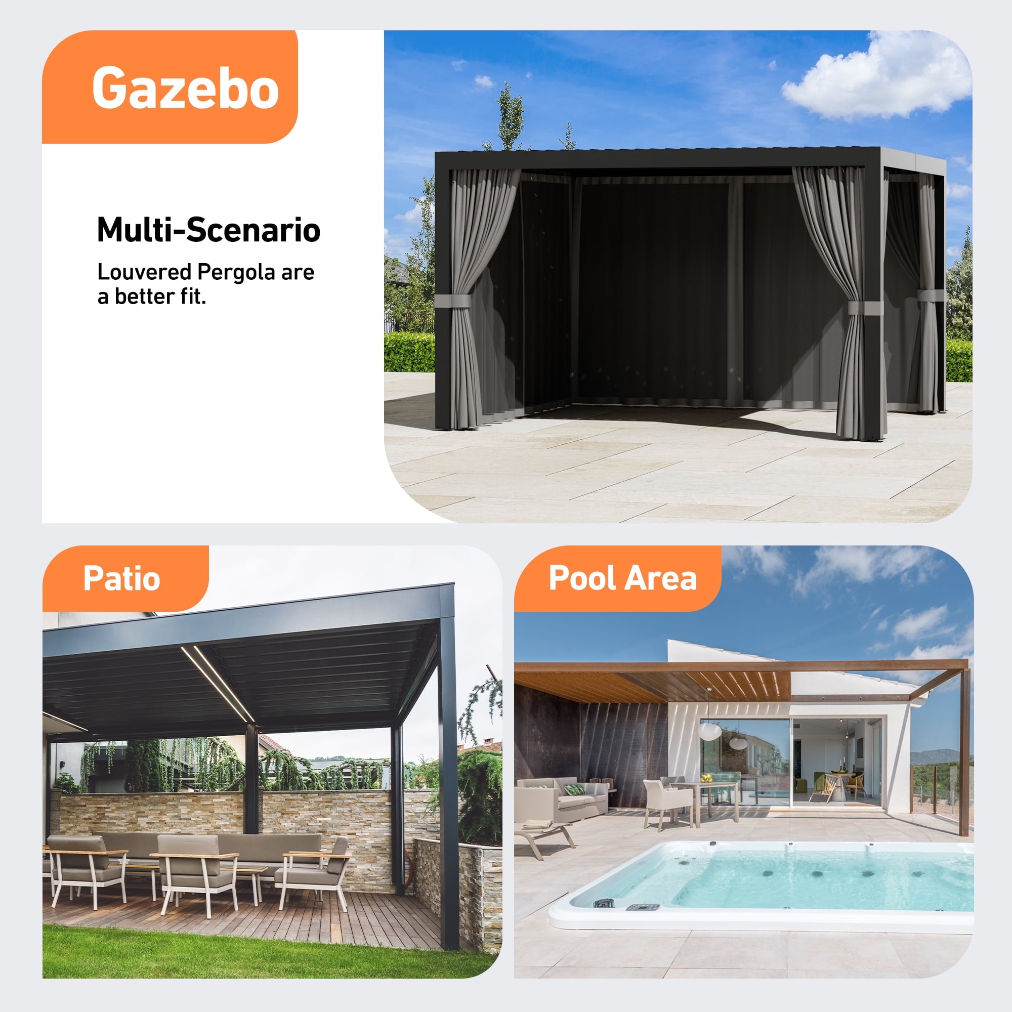 Modern Shade 10'x12' Louvered Pergola with 4-Panel Privacy/Zippered Mosquito Netting Waterproof Gray/Khaki Sidewalls