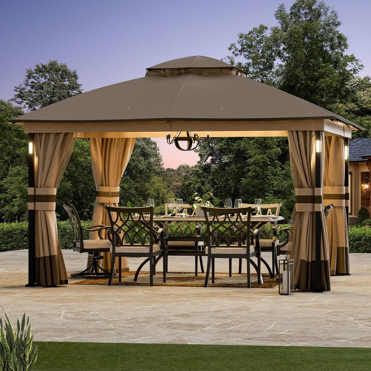 FONA Patio Gazebo 11'x13' with LED Lights & Bluetooth Speaker, Heavy Duty Outdoor Canopy Shelter with Metal Frame, Double Roofs, Soft-top Gazebo with Netting and Curtains for Backyard