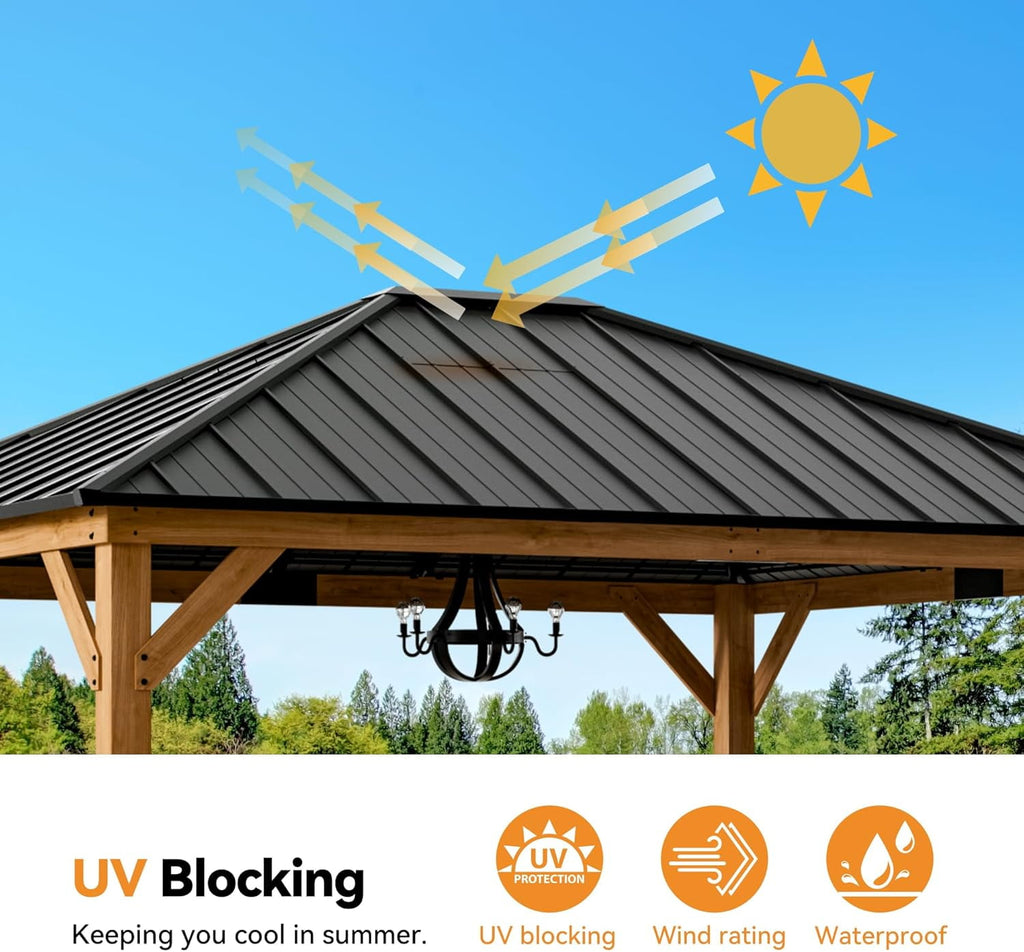 Modern Shade 12'x 14'Outdoor Cedar Wood Hardtop Gazebo with Galvanized Steel Roof for Patio or Backyard