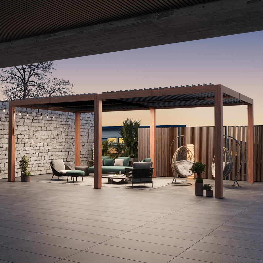 Modern Shade 10‘x20’ Louvered Pergola Heavy Duty Steel Frame Adjustable Waterproof Roof USB Charging Deck Wood Grain Finish Integrated Drainage