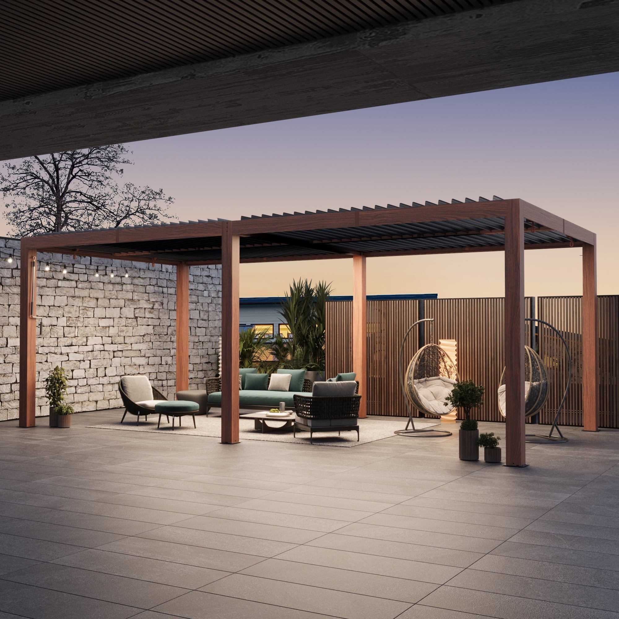 Modern Shade 10‘x20’ Louvered Pergola Heavy Duty Steel Frame Adjustable Waterproof Roof USB Charging Deck Wood Grain Finish Integrated Drainage