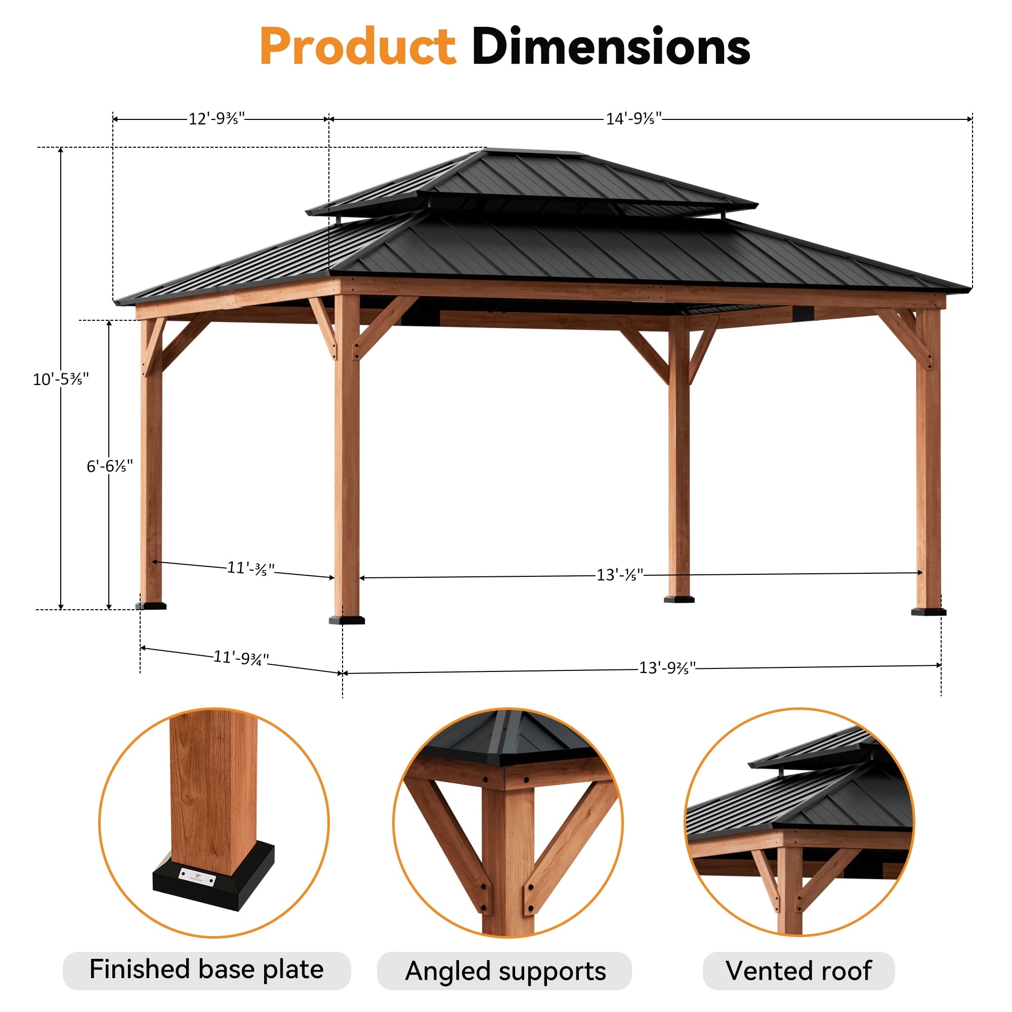 Modern Shade 13'x15'Outdoor Cedar Wood Hardtop Gazebo with Double Steel Roof, Mosquito Net Rods for Backyard Use