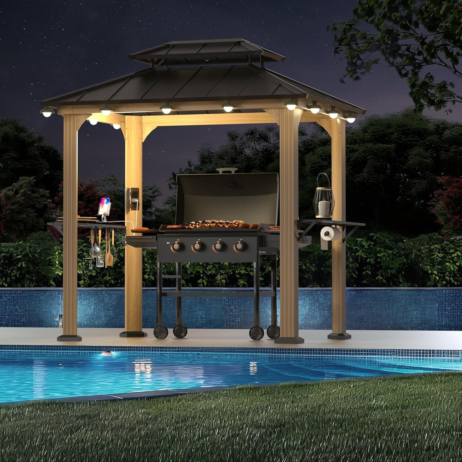 Modern Shade Grill Gazebo 6' x 8', Bbq Shelves and Paper Towel Holder, Grill Canopy with Galvanized Steel Roof, Grill Gazebo with Charging Ports Brown