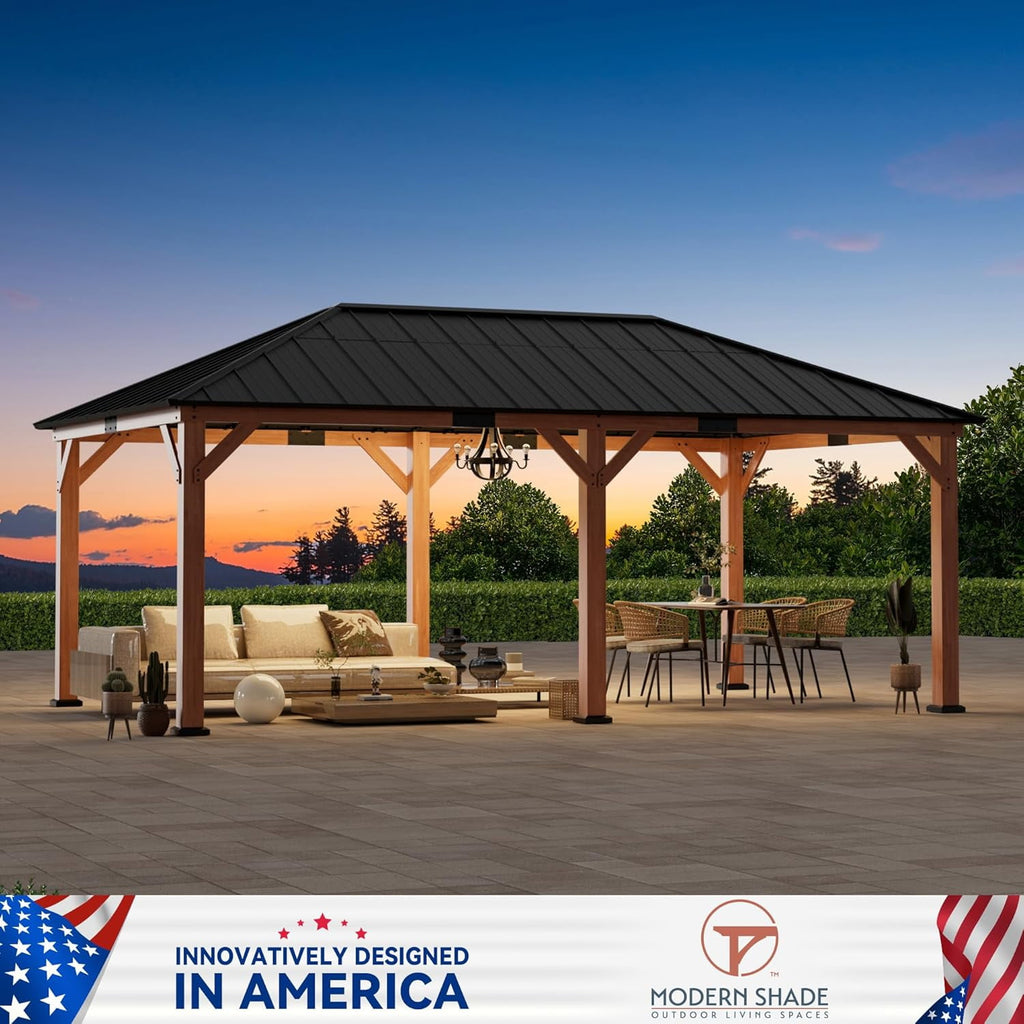 Modern Shade 12‘x20’ Cedar Grill Gazebo with Steel Hardtop Roof for Backyard & Garden Brown