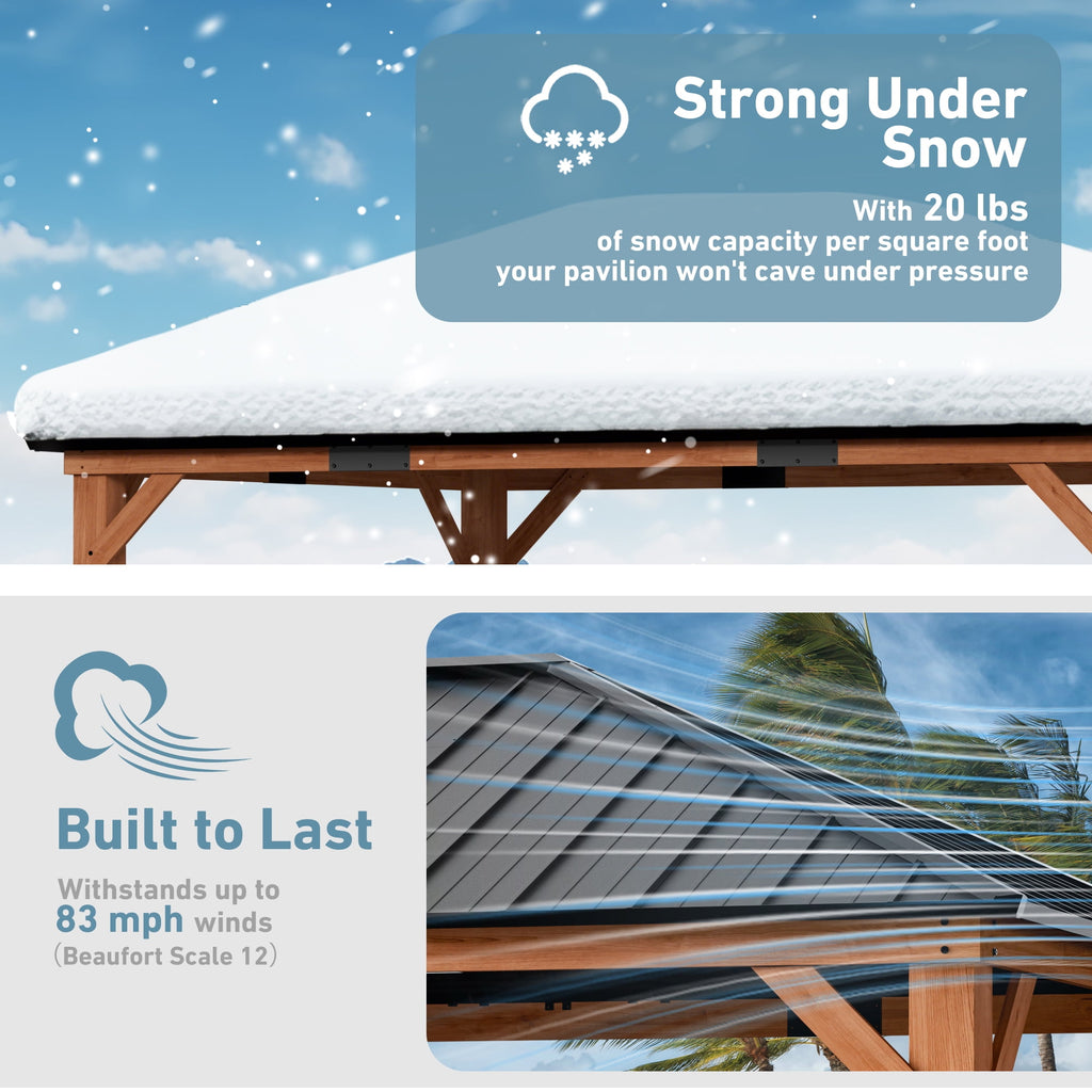 FONA 12'x16' Wood Gazebo,Permanent Hardtop Gazebo with Galvanized Steel Roof Hardtop