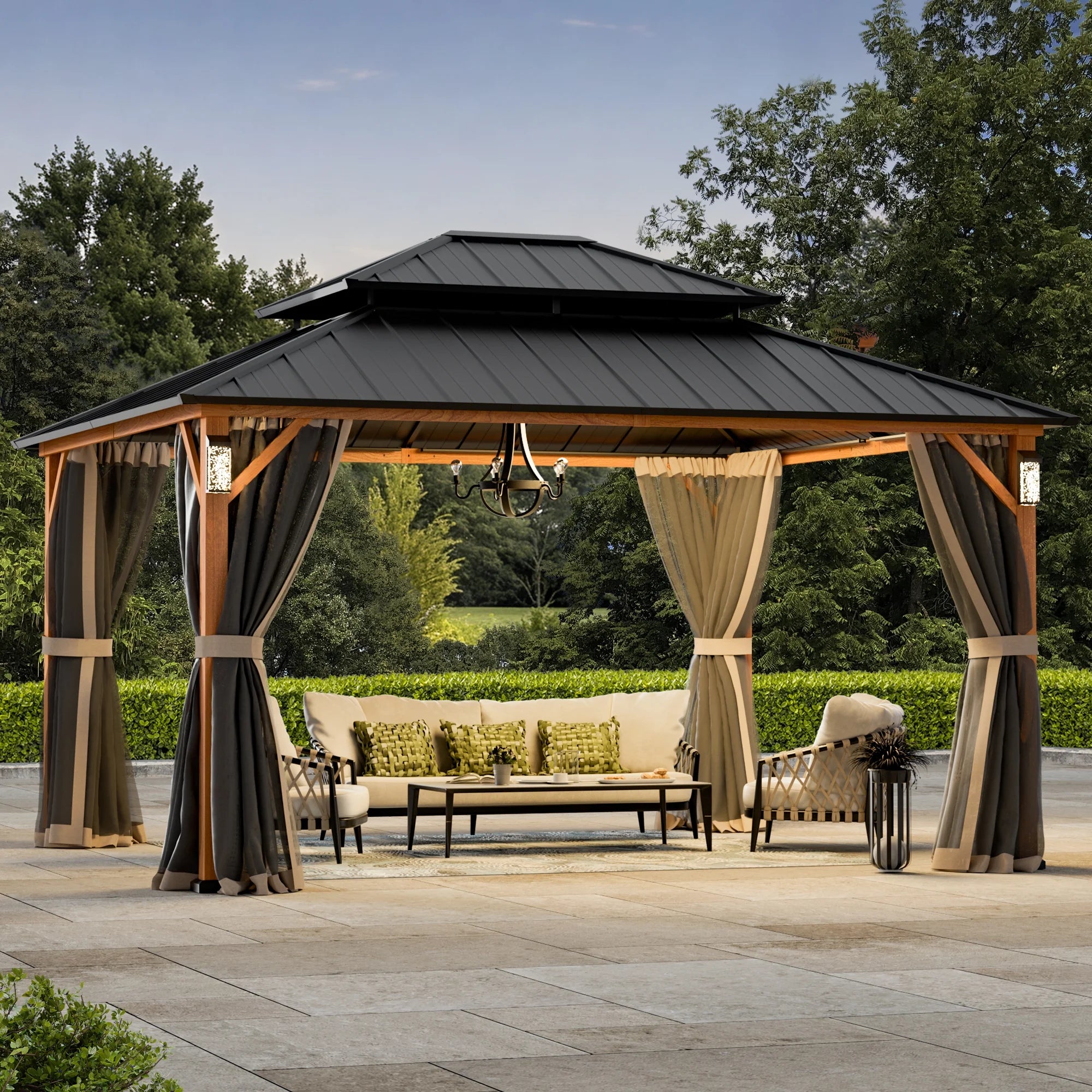 Modern Shade Horizon 12' x 14' Hardtop Gazebo with Solar LED Light, Aluminum Frame, Brown Roof