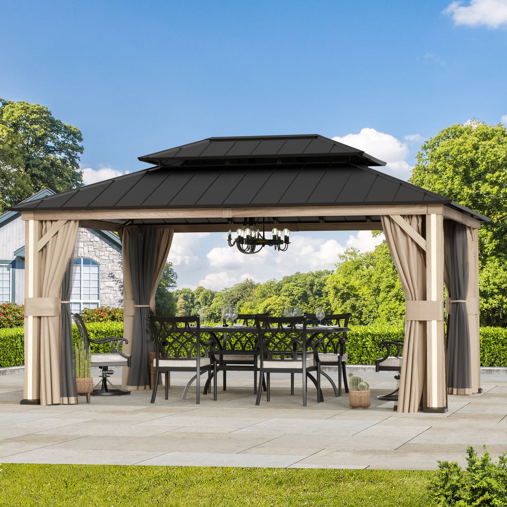 FONA 12'x16' Permanent Hardtop Gazebo,Aluminum Frame & Double Roof,LED Lights,Brown