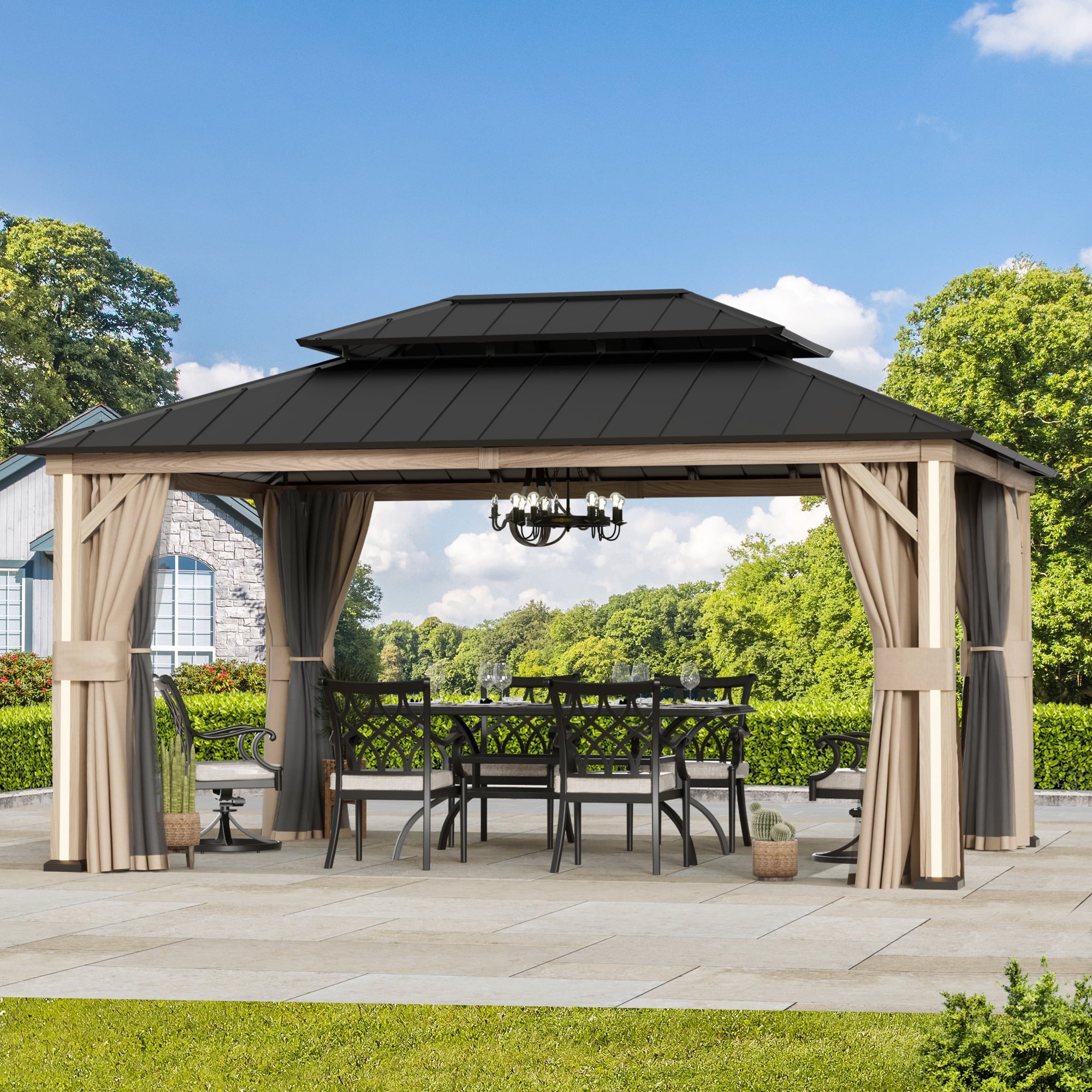 FONA 12'x16' Permanent Hardtop Gazebo,Aluminum Frame & Double Roof,LED Lights,Brown