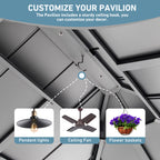 FONA 12'x14' Aluminum Hardtop Gazebo with LED Lights,Netting,Curtains & USB Port,Black