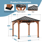 Modern Shade 10'x 10'Outdoor Cedar Wood Hardtop Gazebo with Galvanized Steel Roof and Mosquito Net for Patio or Backyard