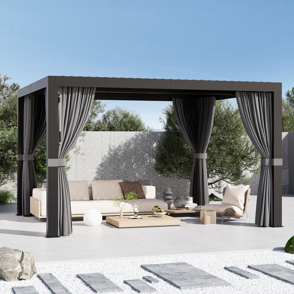 Modern Shade 10'x12' Louvered Pergola w/USB & Auto Drainage Weatherproof Outdoor Structure with Retractable Netting/Curtains for Patio Garden Black