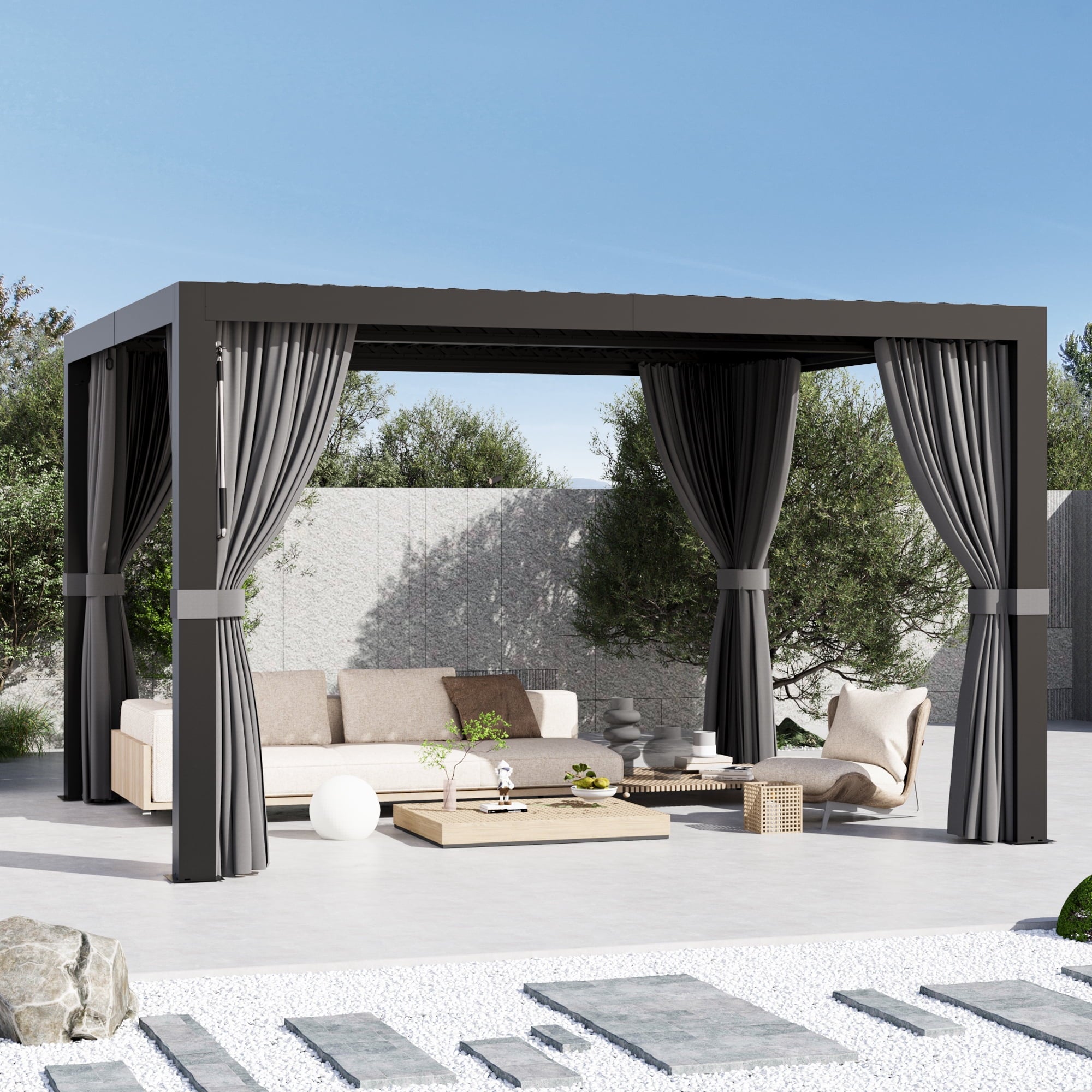 Modern Shade 10'x12' Louvered Pergola w/USB & Auto Drainage Weatherproof Outdoor Structure with Retractable Netting/Curtains for Patio Garden Black