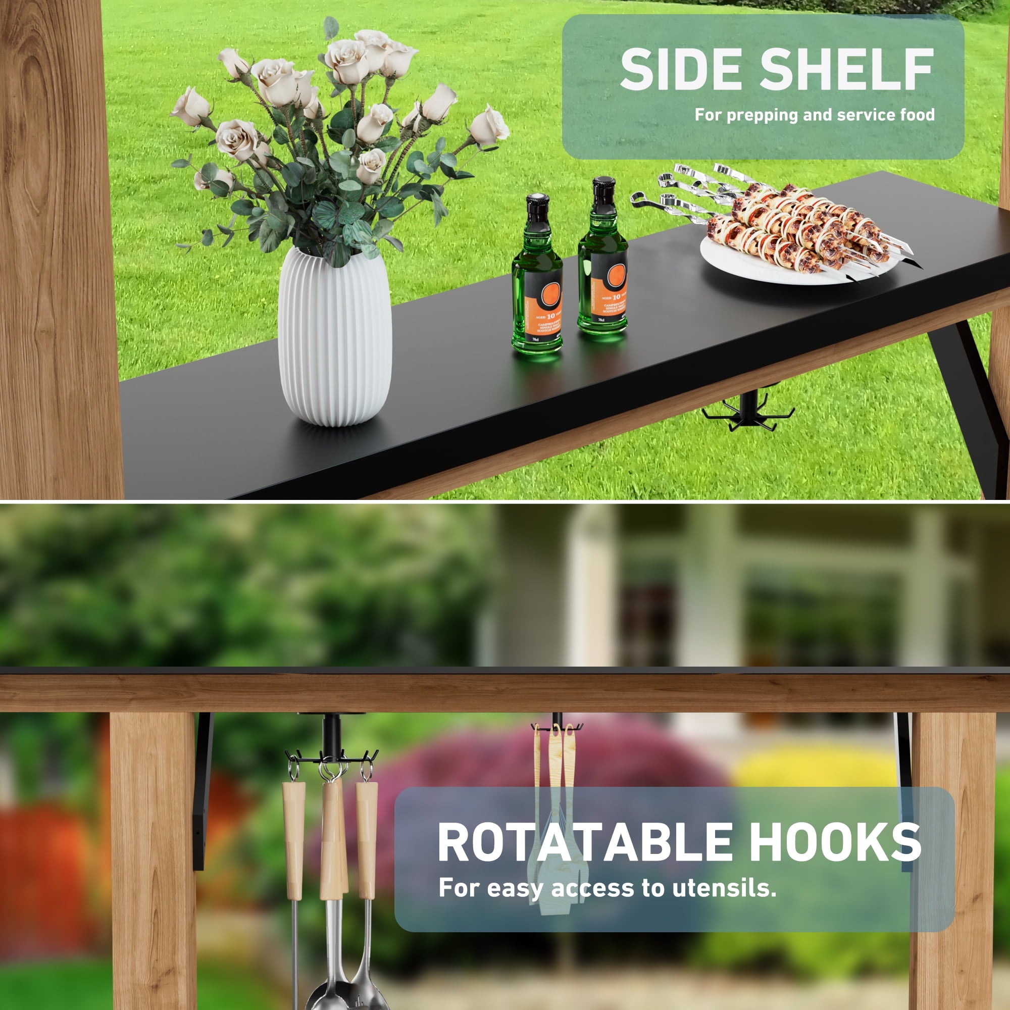 FONA 6'x8' Cedar Wood Grill Gazebo with Shelves,Paper Towel Holder,Steel Roof & USB Charging Ports